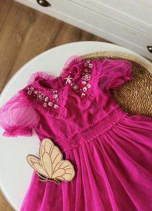 Святкова нарядна фатинова сукня з вишитим комірцем рожева малинова 2-3р 92-98см6 фото