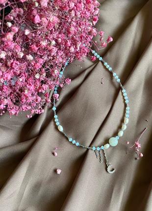 Чокер-колье: натуральный адуляр (месячный камень), жемчуг,гематит, полумесяц с цирконом