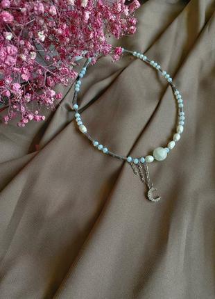 Чокер-колье: натуральный адуляр (месячный камень), жемчуг,гематит, полумесяц с цирконом