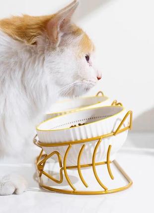 Миска тарілка для котів на підставці подвійна керамічна4 фото