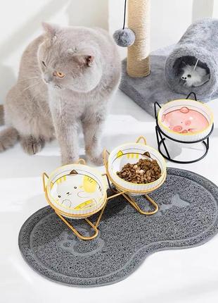 Миска тарілка для котів на підставці подвійна керамічна2 фото