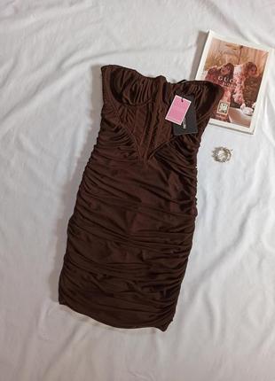 Шоколадное платье мини в корсетном стиле/бандо/сетка/с драпировкой/с корсетом5 фото