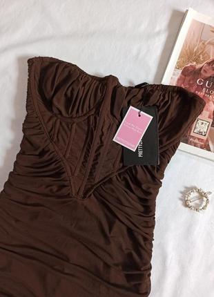Шоколадное платье мини в корсетном стиле/бандо/сетка/с драпировкой/с корсетом6 фото