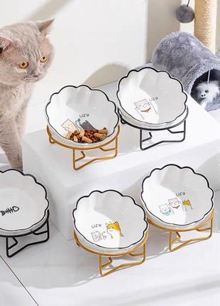 Тарілка миска керамічна для котів та собак на підставці широка3 фото