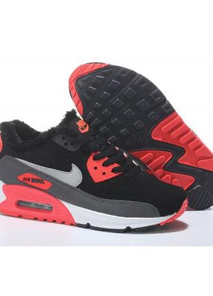 Женские зимние черно-красные кроссовки nike air max(найк аир макс) 90 - nd022