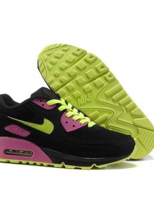 Женские кроссовки nike safari air max 90 черные с салатовым - nd024