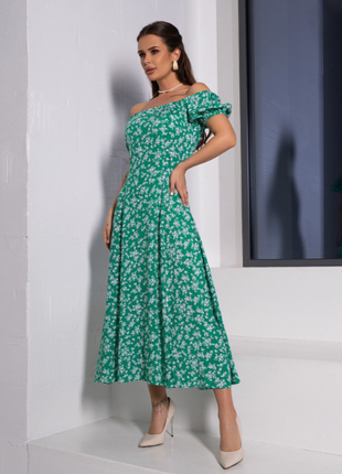 Цветочное ретро платье миди с открытыми плечами хлопок2 фото