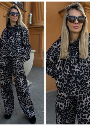 Леопардовый женский зимний костюм худи штаны 42-46 р