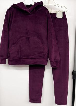 Костюм дитячий підлітковий спортивний велюровий теплий на худі кенгуру лосини, бордо