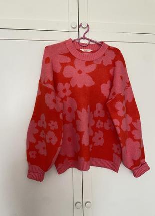 Объемный яркий свитер в цветочки, розовый красный свитерок с цветами, оверсайз свободный,кофта,джемпер7 фото