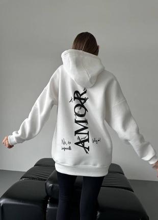 Худі жіноча трьохнитка на флісі “amor” / жіноче тепле худі біле та чорне / жіночі худі є обмін / худі з капюшоном манжети рібана /