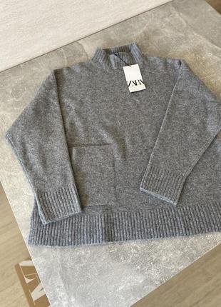 Серый удлиненный свитер zara с карманами5 фото