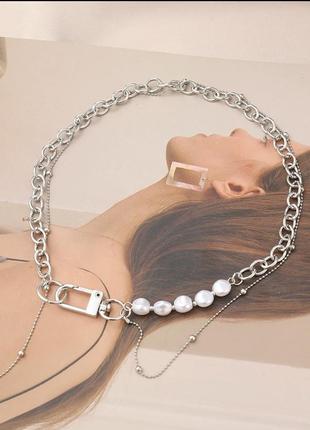 Ожерелье колье чокер цепочка серебристая с жемчугом с подвеской2 фото
