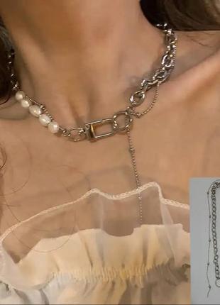 Ожерелье колье чокер цепочка серебристая с жемчугом с подвеской1 фото