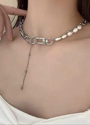 Ожерелье колье чокер цепочка серебристая с жемчугом с подвеской3 фото