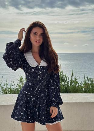 Найкрасивіша сукня🔝 чорна квіткова коротка з білим комірцем мереживом
