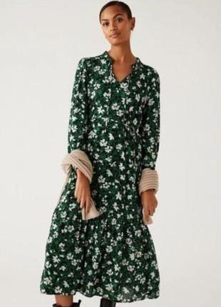 Плаття міді у квітковий принт із довгими рукавами під тонкий поясок marks&spencer