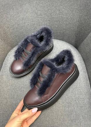 Бордовые кеды из натуральной кожи с мехом норка натуральная кожа 36-41 зима деми