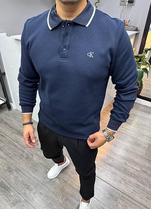 Синяя мужская толстовка свитшот с воротничком calvin klein