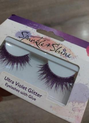 Накладные фиолетовые ресницы sparkle shine gold glitter party с клеем