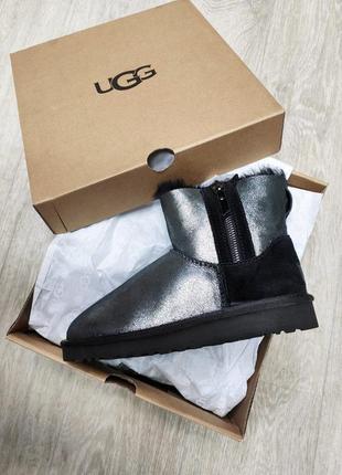 Угг жіночі міні 2 змійки чорні з срібним напиленням ugg mini 2 zip suede black silver sprey