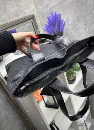 Жіноча стильна та якісна сумка шоппер з еко шкіри чорна рептилія7 фото