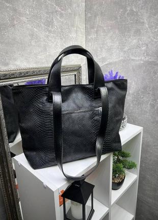 Жіноча стильна та якісна сумка шоппер з еко шкіри чорна рептилія2 фото