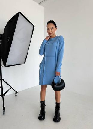 Тепла трикотажна сукня з декоративними швами назовні синя сіра коричнева блакитна бежева коротка міді туніка для вагітних