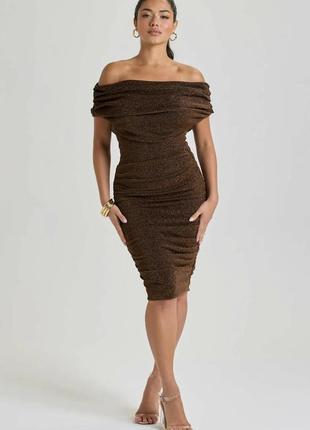 Брендова коктелна золотиста сукня на плечі від lbd little black dress