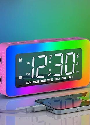 Розовые будильник прикроватный, цифровой будильник с ночной подсветкой rgb, прикроватные часы со светодиодной