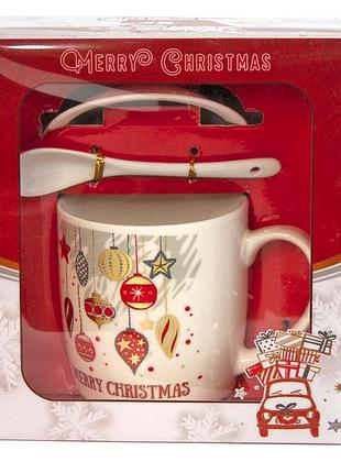 Набор новогодний чашка с ложкой и крышкой 608в1 елочные игрушки (белый)