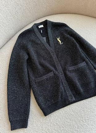 Кардиган в стиле ysl черный белый с брошью шерсть кашемир люрекс