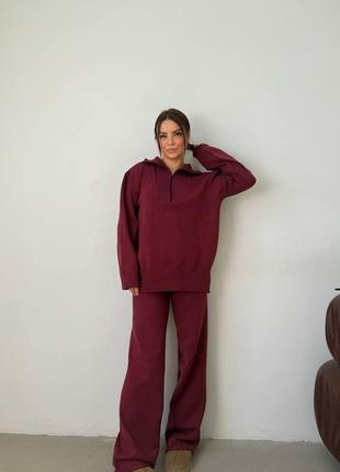 М'який в'язаний костюм двійка оверсайз штани + кофта на замку, жіночий брючний костюм на осінь пряж віскоза, костюм з кофтою полузамок, srs