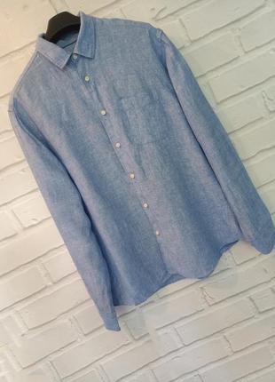 Голубая мужская рубашка 100% лен m&amp;s размер l2 фото