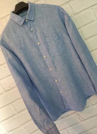 Голубая мужская рубашка 100% лен m&amp;s размер l