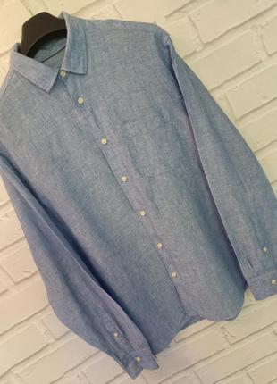 Голубая мужская рубашка 100% лен m&amp;s размер l5 фото