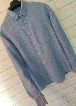 Голубая мужская рубашка 100% лен m&amp;s размер l3 фото
