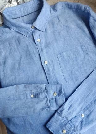 Голубая мужская рубашка 100% лен m&amp;s размер l8 фото