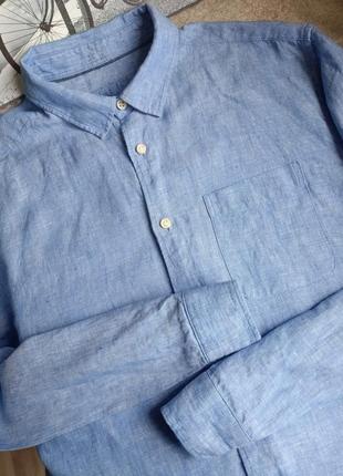 Голубая мужская рубашка 100% лен m&amp;s размер l7 фото