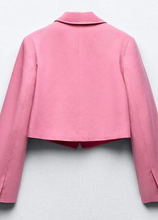 Трендовий короткий жіночий жакет zara оверсайз з додаванням льону укорочений рожевий блейзер піджак бомбер кардиган тренч весняний літній куртка кофта7 фото