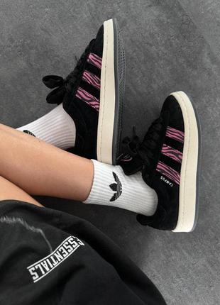 Женские кроссовки adidas campus black pink zebra адидас кампус черного с розовым цветами6 фото
