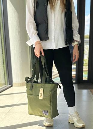 Женская сумка-шоппер с плечевым ремнем хаки, олива.10 фото