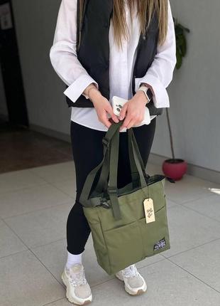 Женская сумка-шоппер с плечевым ремнем хаки, олива.5 фото