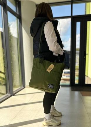 Женская сумка-шоппер с плечевым ремнем хаки, олива.7 фото