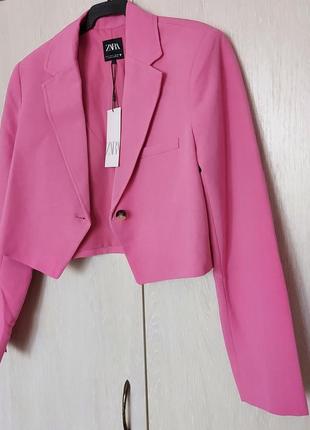 Трендовий короткий жіночий жакет zara оверсайз з додаванням льону укорочений рожевий блейзер піджак бомбер кардиган тренч весняний літній куртка кофта8 фото