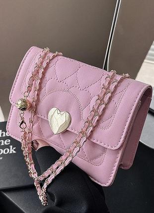 Женская классическая сумка 1027 кросс-боди на цепочке розовая3 фото