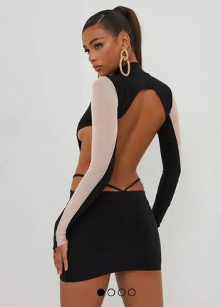 Шикарна асиметрична сукня міні з відкритою спиною/з резинками для пальців/зі зборкою/с сіточкою/по фігурі/з вирізами/y2k