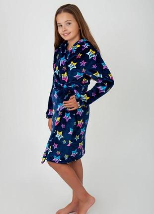 Підлітковий теплий махровий халат велсофт, плюшевий банний халат з поясом в зірочки, махровый халат со звездами