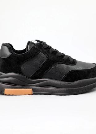 Черные женские удобные теплые кроссовки с мехом кожаные,замшевые, натуральная кожа/замша демисезон, осень-зима