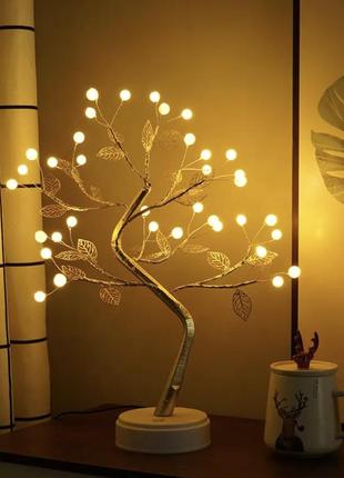 Настільне дерево перлинне листочки світлодіодний нічник бонсай 50см 36led батарейки + usb новорічний золото